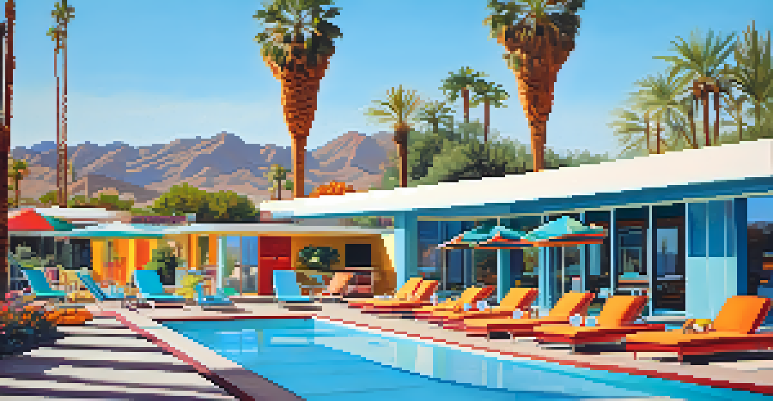 A retro-inspired hotel pool area with colorful cabanas and mid-century modern design elements under a sunny sky.