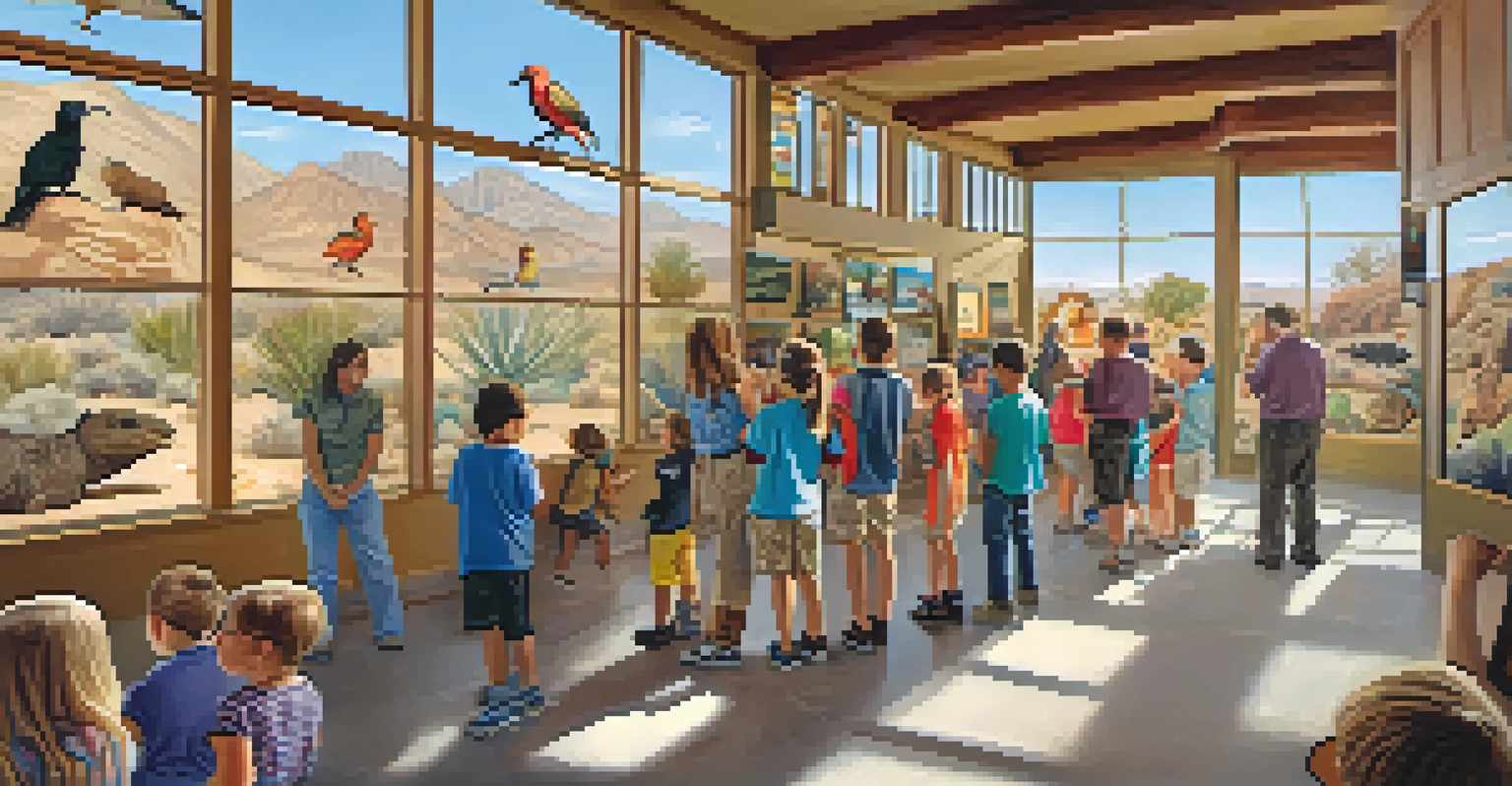 An educational workshop with children and adults learning about local wildlife in a bright, interactive center.