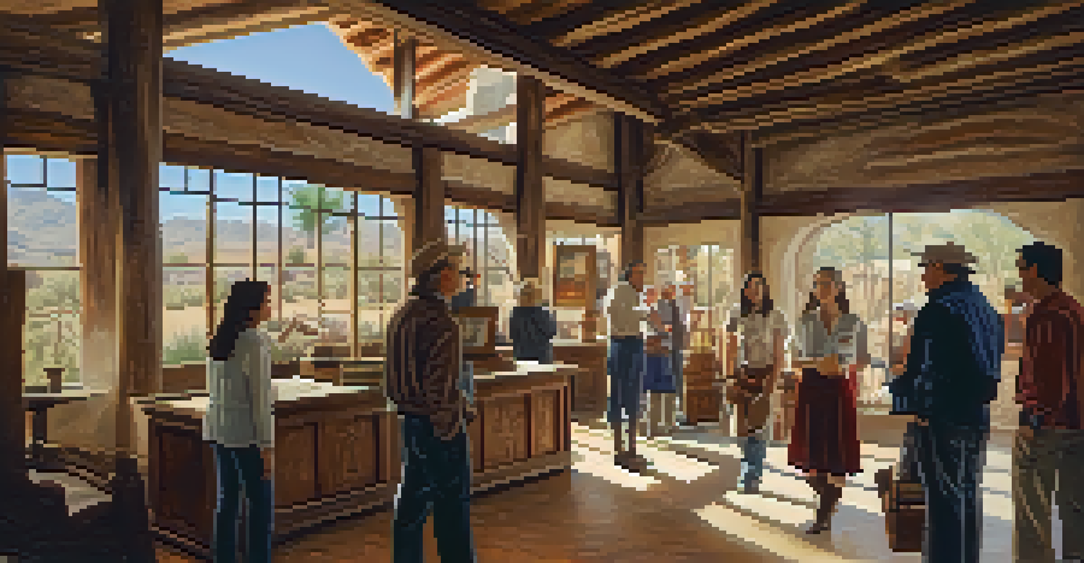 A volunteer tour guide leading a group through a historical site, surrounded by artifacts and natural light.