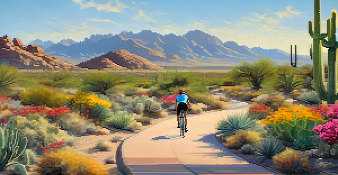 A cyclist riding on a paved trail through the Sonoran Desert, surrounded by wildflowers and cacti with mountains in the background.