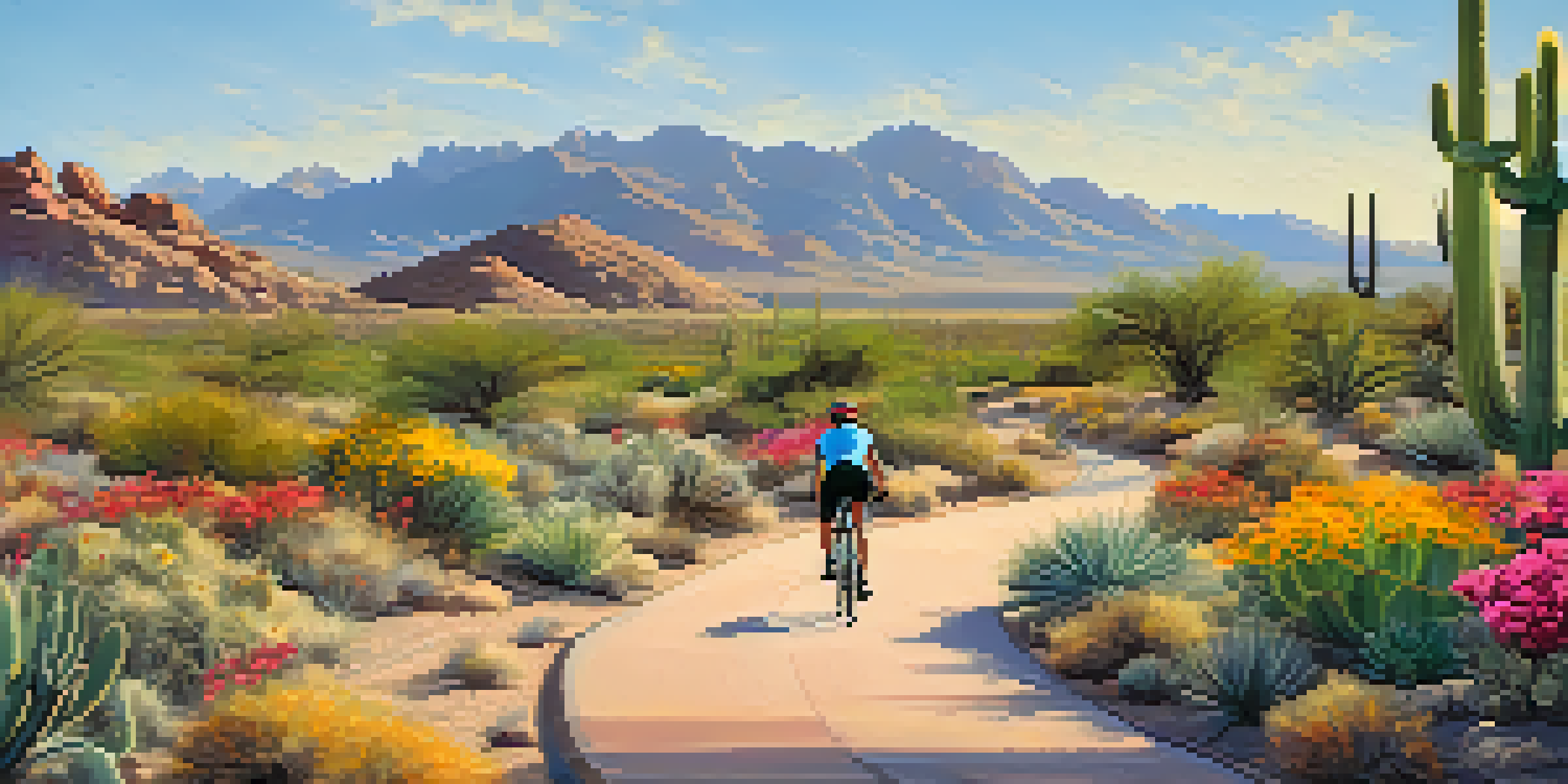 A cyclist riding on a paved trail through the Sonoran Desert, surrounded by wildflowers and cacti with mountains in the background.