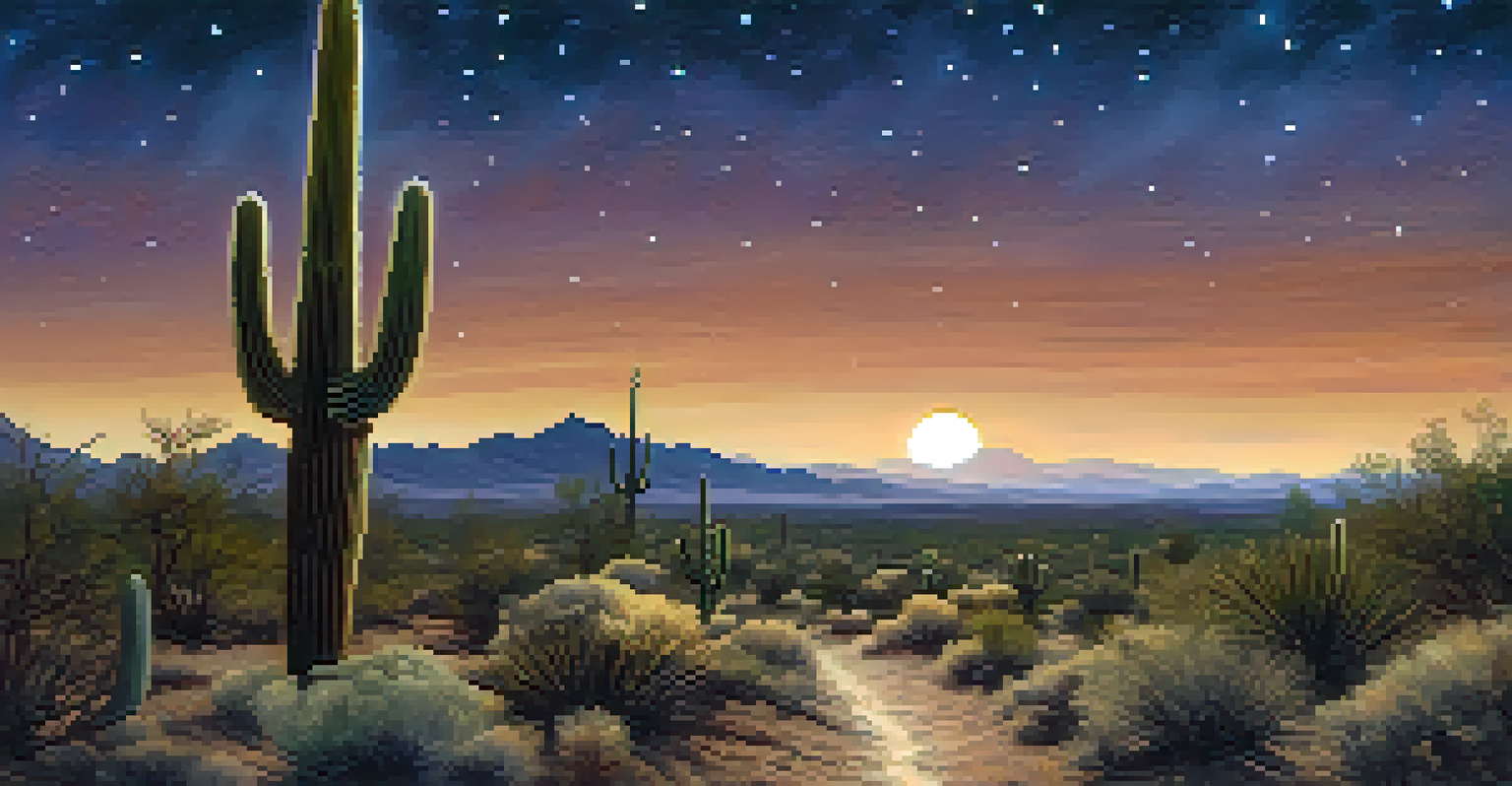A hiking trail in the desert at night with saguaro cacti, featuring a ghostly figure in old-fashioned clothing beckoning from a distance.