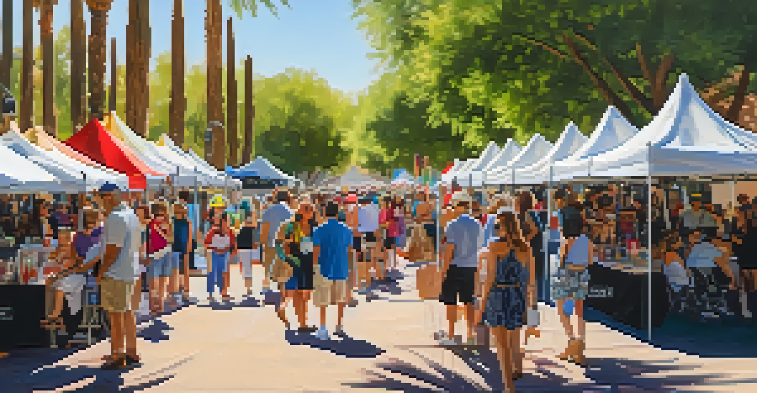 A lively outdoor arts festival with colorful art displays and people enjoying performances in a sunny park.