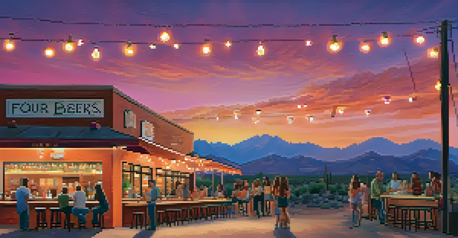 A sunset view of patrons enjoying craft beer on the patio of Four Peaks Brewery, with string lights and a warm atmosphere.