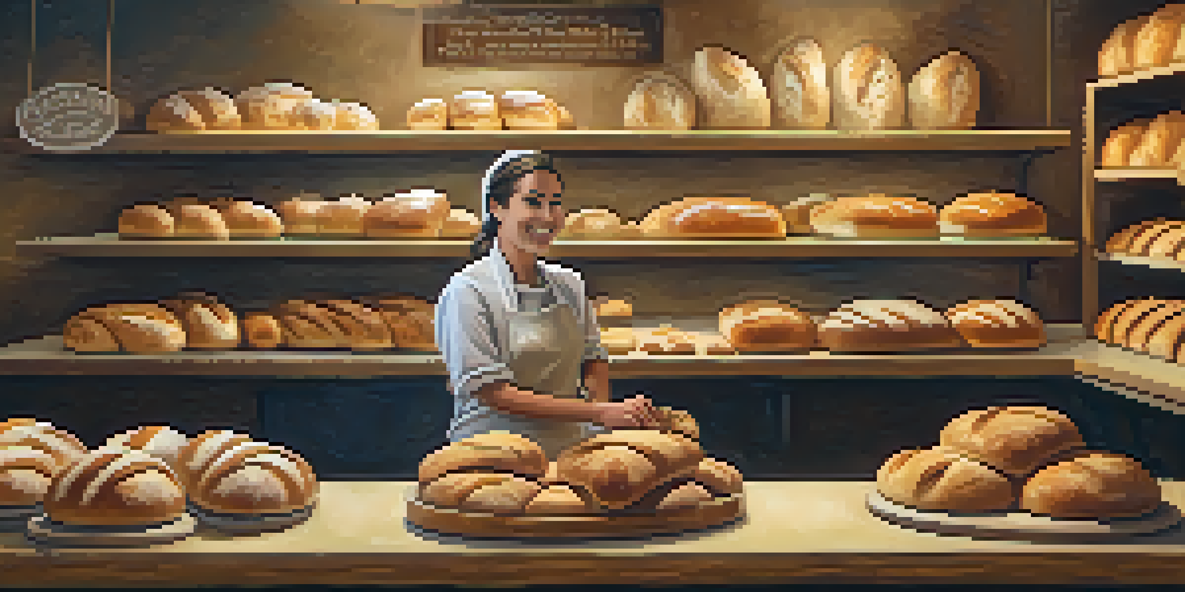 A warm and inviting bakery with a selection of freshly baked breads, a smiling baker, and wooden shelves.