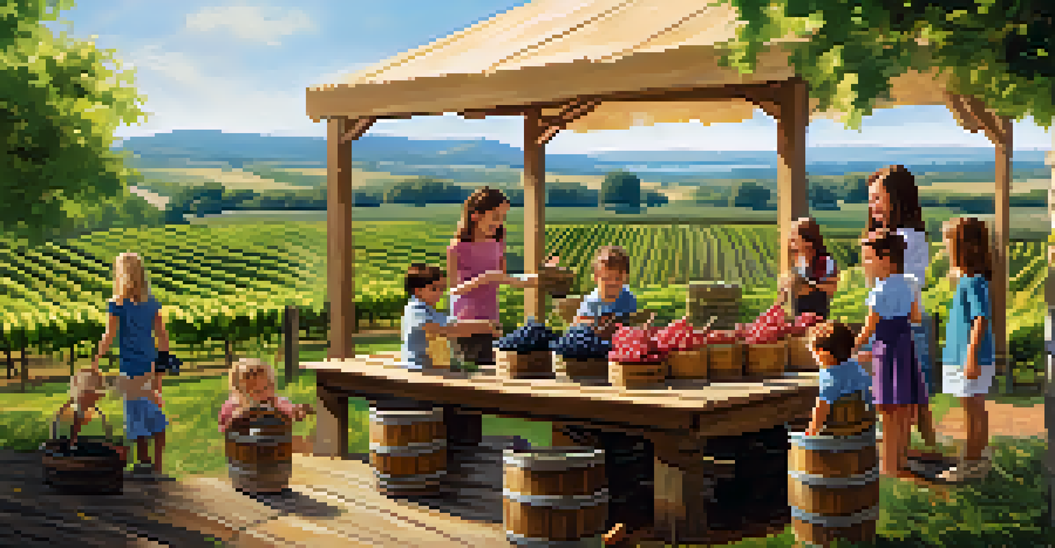 Children enjoying grape-stomping at a winery, with adults tasting wine in the background.