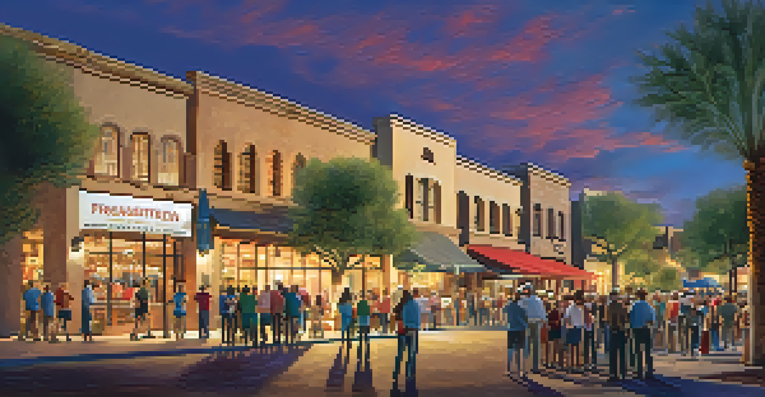 A community forum scene in Scottsdale with diverse residents discussing historic preservation, surrounded by historic buildings and bright lighting.