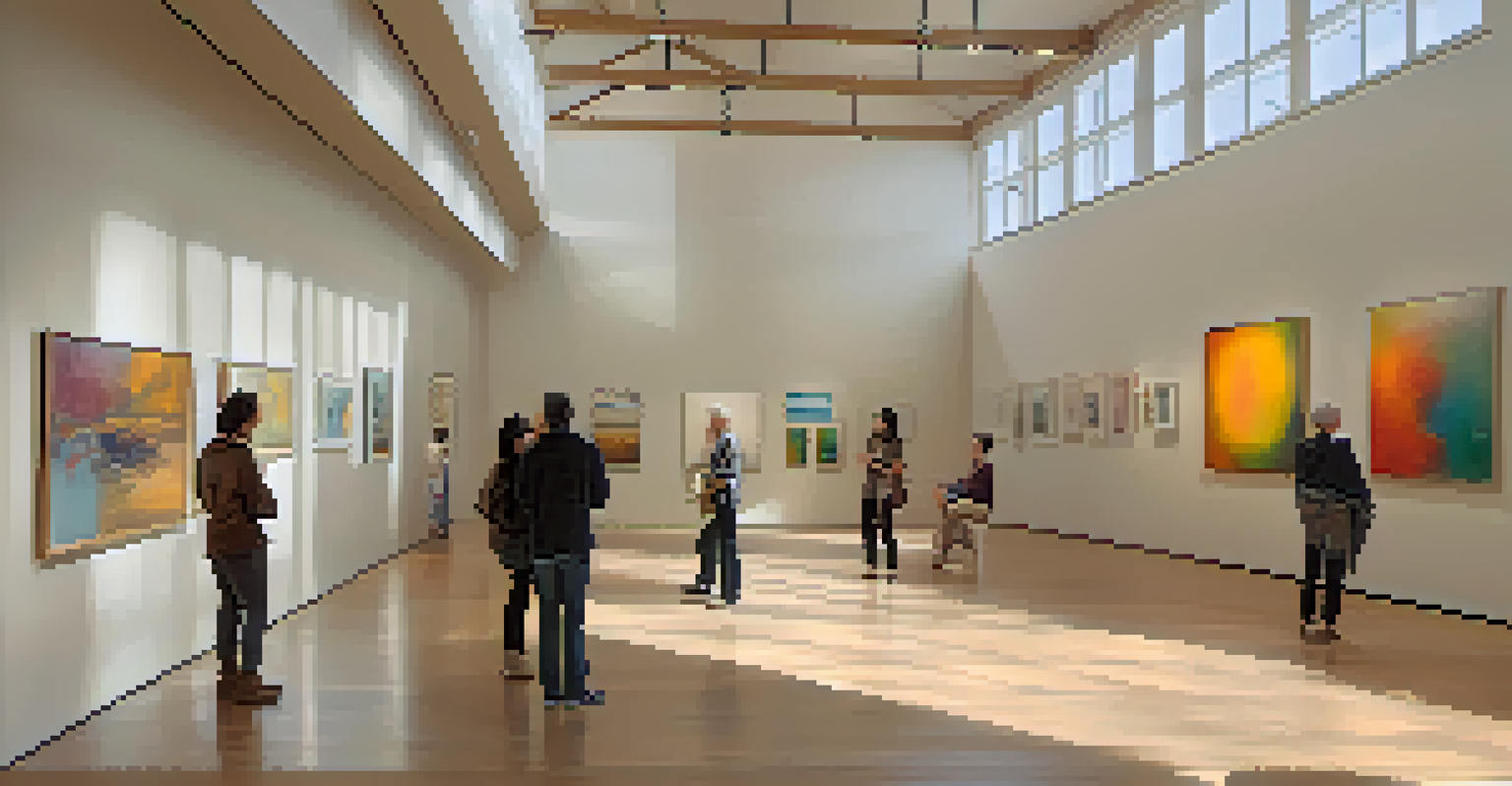 A cozy gallery filled with contemporary art, showing visitors engaging with artists in a warmly lit atmosphere.