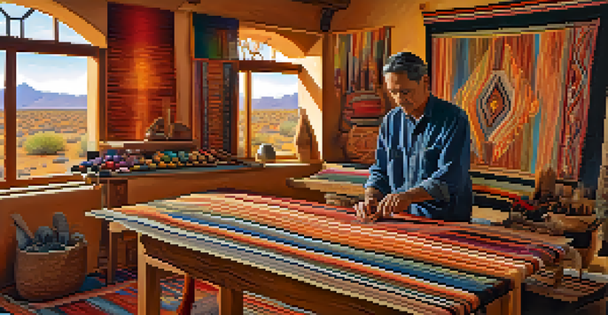 A weaver working in a bright studio filled with colorful threads and finished tapestries, with a view of the Arizona desert outside.
