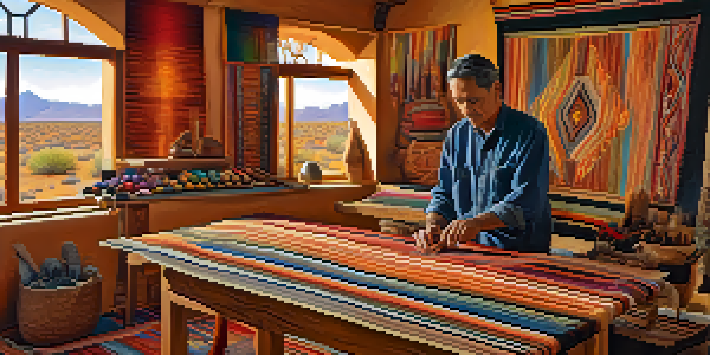 A weaver working in a bright studio filled with colorful threads and finished tapestries, with a view of the Arizona desert outside.