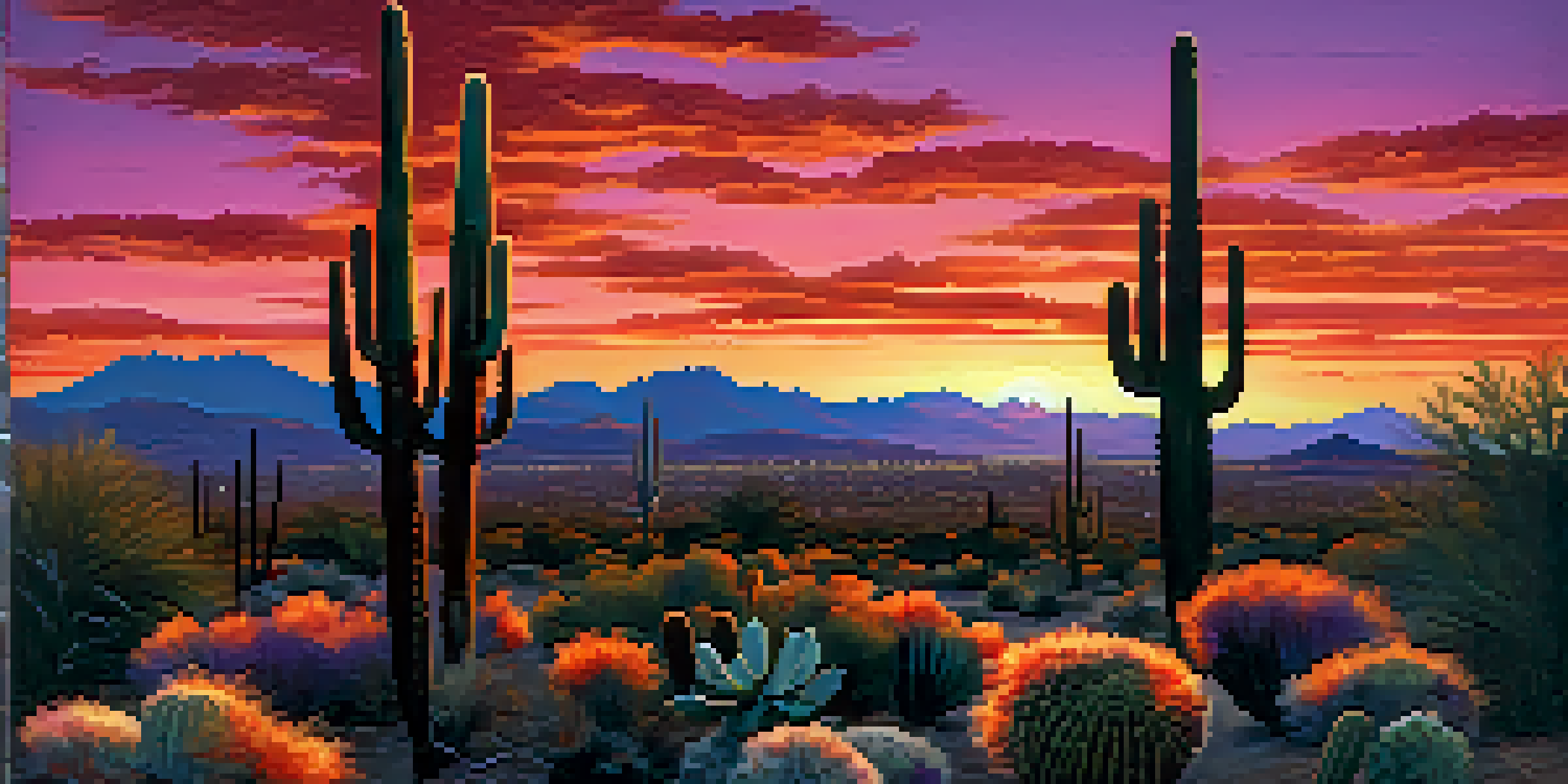 A colorful sunset in the Sonoran Desert with silhouetted cacti and mountains in the background.