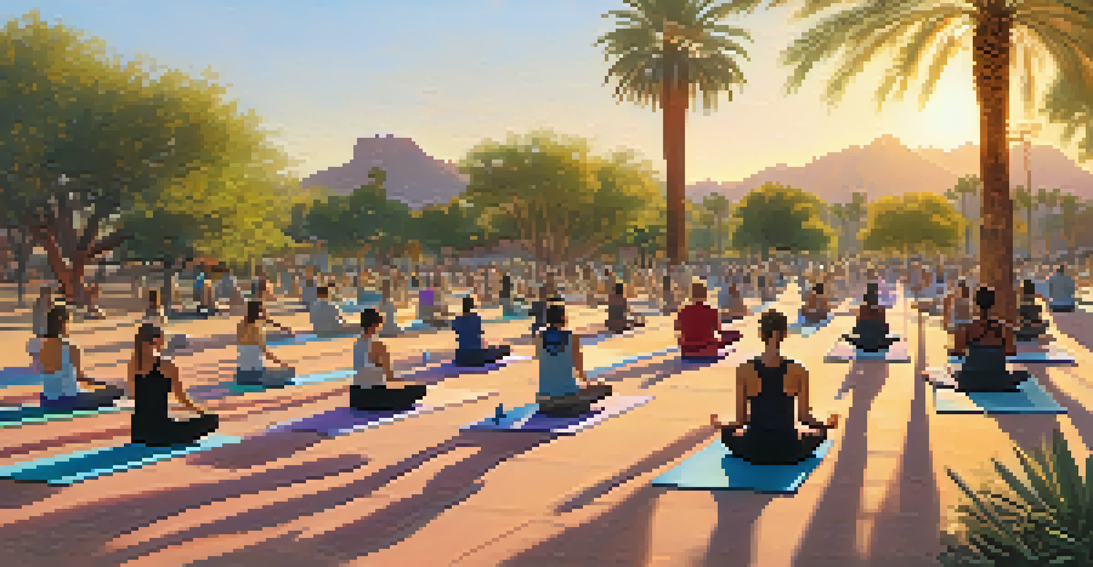 An outdoor yoga class at sunrise in a park, with diverse participants practicing yoga poses on colorful mats, surrounded by palm trees.