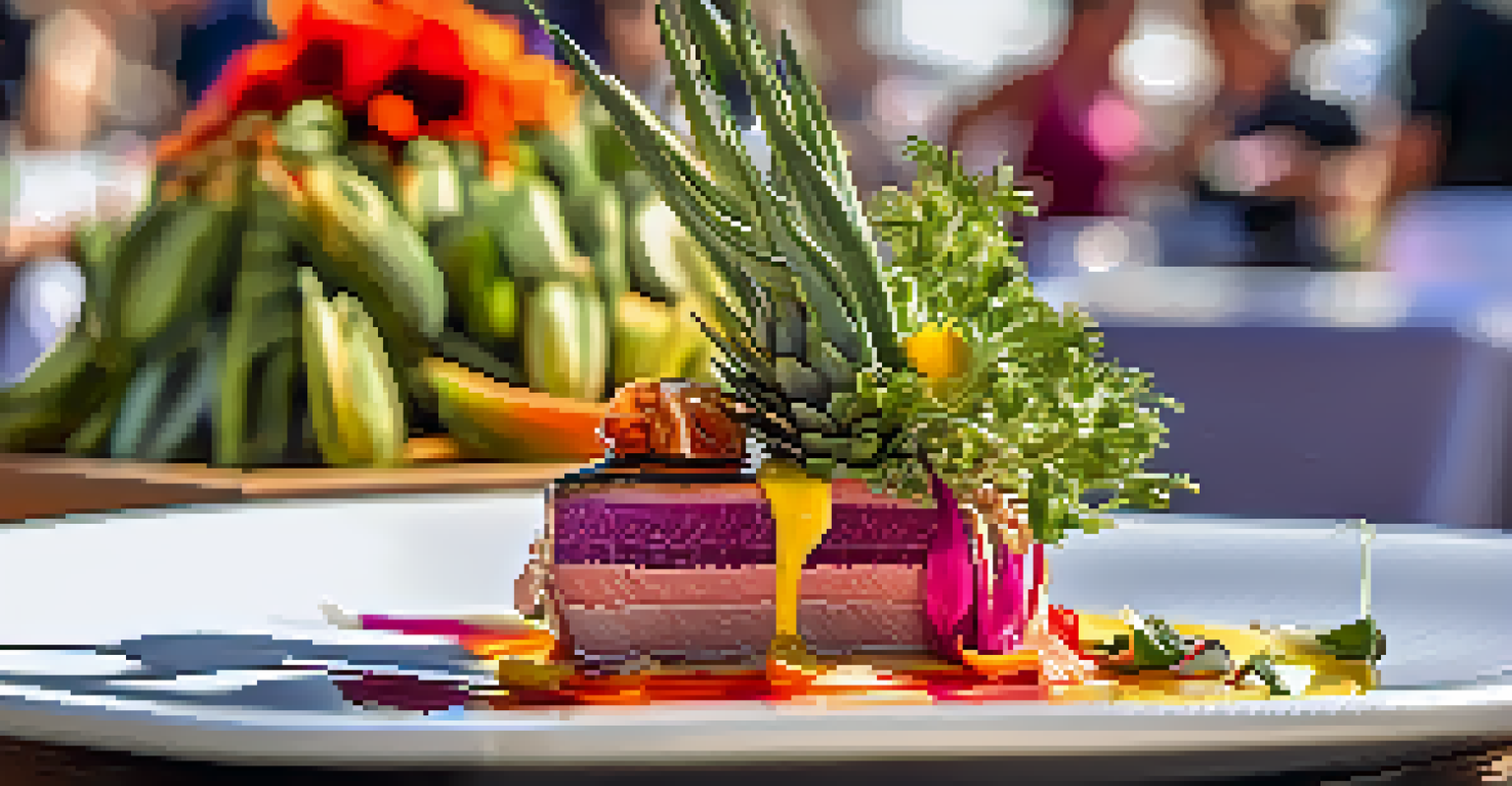 A close-up of an elegantly presented dish at a food festival, showcasing vibrant colors and textures against a blurred festival background.