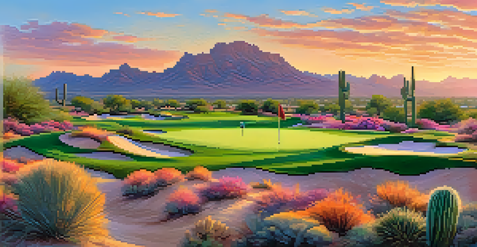 A golfer teeing off at sunrise on a golf course in Scottsdale, surrounded by desert scenery and colorful sky.