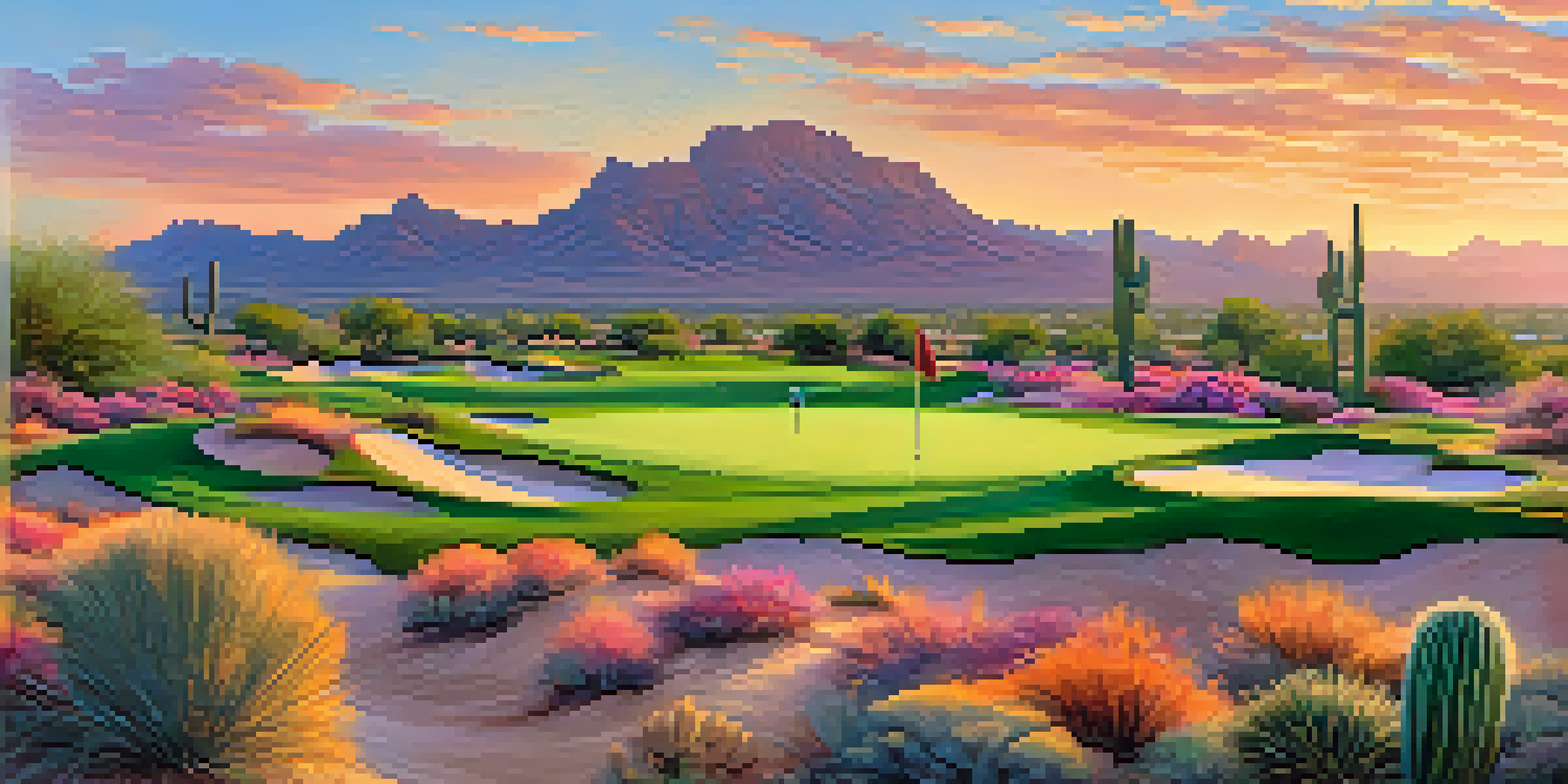 A golfer teeing off at sunrise on a golf course in Scottsdale, surrounded by desert scenery and colorful sky.
