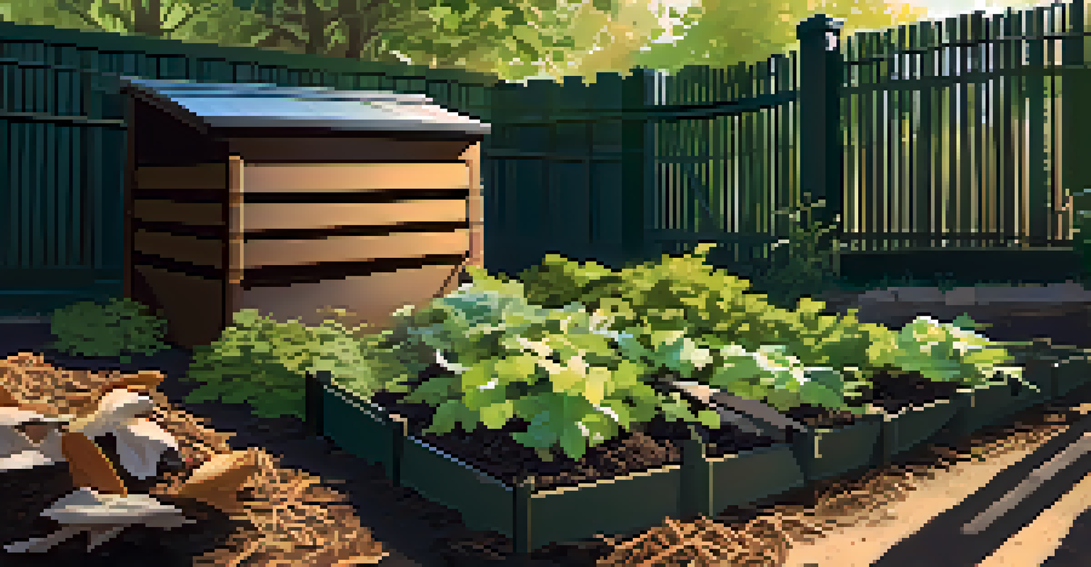 A composting area in a community garden, with a bin full of organic waste and sunlight filtering through leaves.