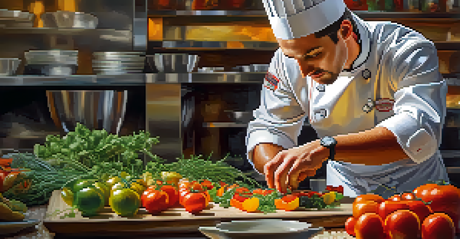 A chef plating a colorful dish with fresh ingredients, showcasing heirloom tomatoes and herbs, against a softly blurred kitchen background.