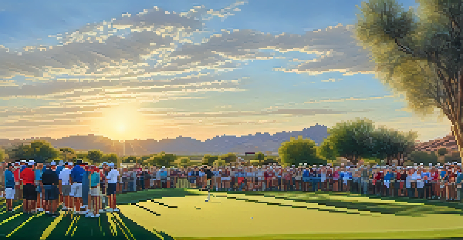 A young golfer preparing to putt at the Scottsdale Open, with enthusiastic spectators in a warm sunset light.