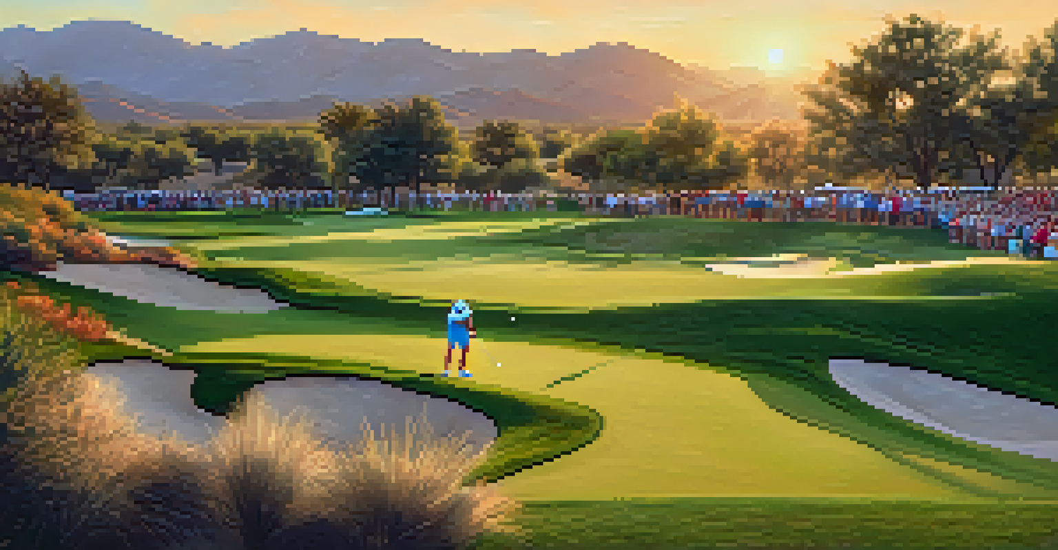 A female golfer in action during the LPGA Founders Cup, with beautiful green scenery and a sunset creating a warm atmosphere.