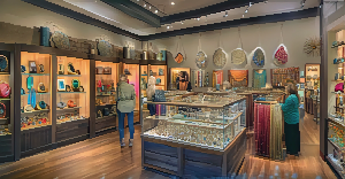A colorful artisan boutique displaying handcrafted jewelry with an artisan talking to a customer.