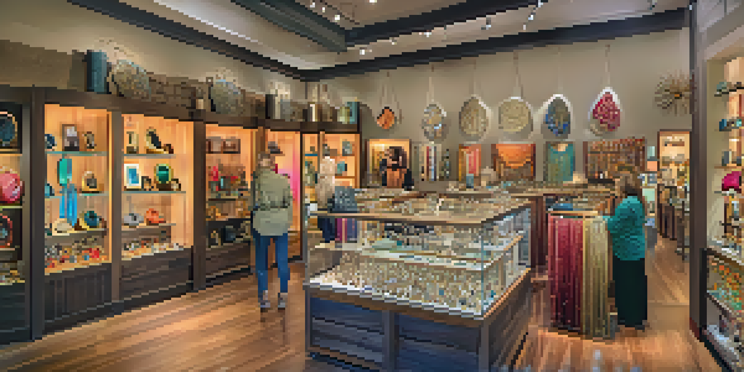 A colorful artisan boutique displaying handcrafted jewelry with an artisan talking to a customer.