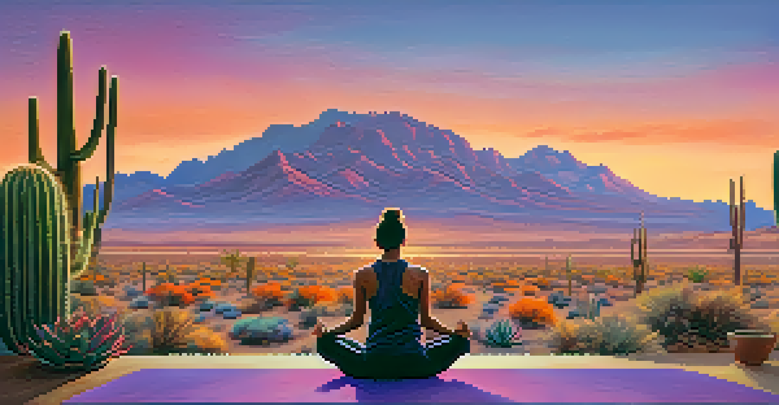 A person meditating during sunset with a colorful sky and desert landscape.