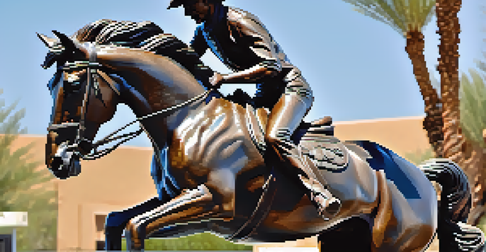 A bronze sculpture of a horse and rider in Scottsdale, capturing the details of the horse's mane and the rider's posture, with people admiring it under a blue sky.