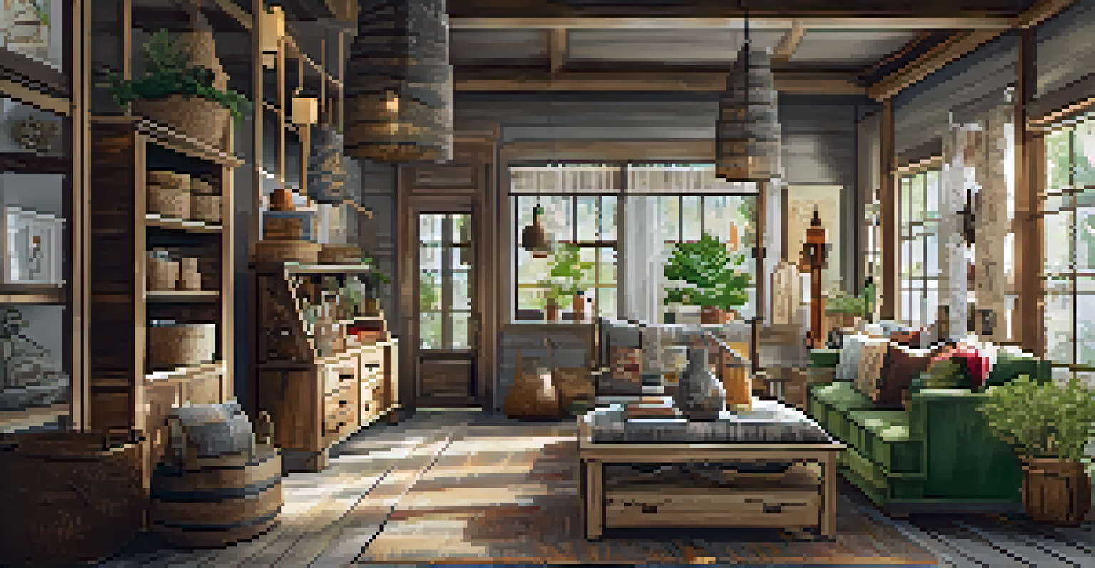 Interior of a home décor boutique with handcrafted furniture and decorative pieces, illuminated by natural light.