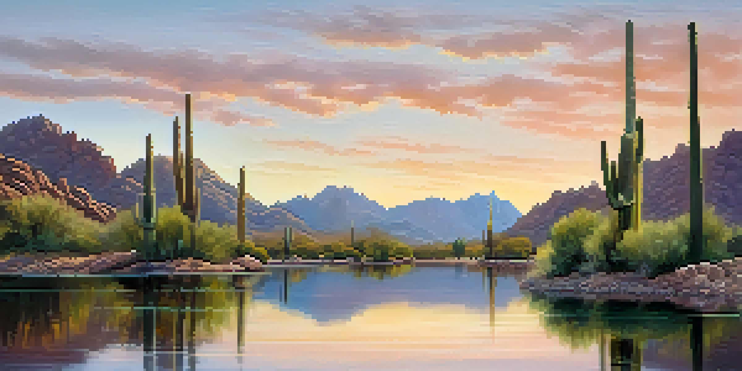 A peaceful view of Saguaro Lake with calm waters reflecting mountains and saguaros during sunrise.