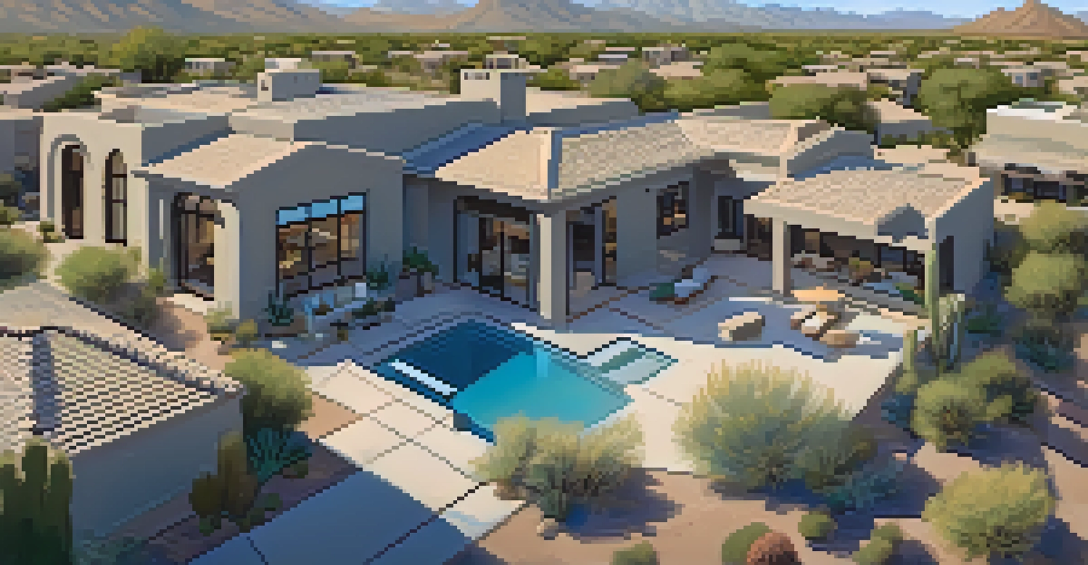 Aerial view of a luxurious neighborhood in Scottsdale, showing landscaped homes with pools and mountains in the background.