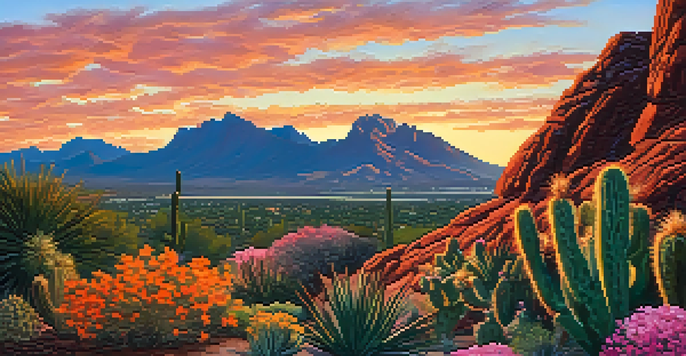 A picturesque sunrise view of Camelback Mountain with climbers on the trail and desert flora in the foreground.