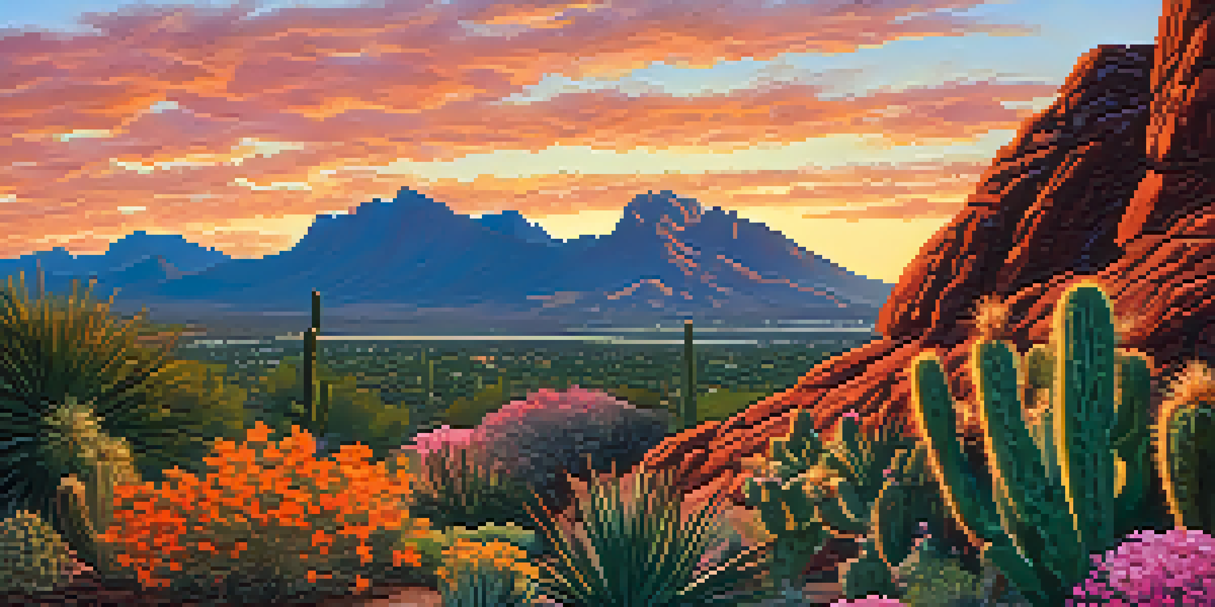 A picturesque sunrise view of Camelback Mountain with climbers on the trail and desert flora in the foreground.