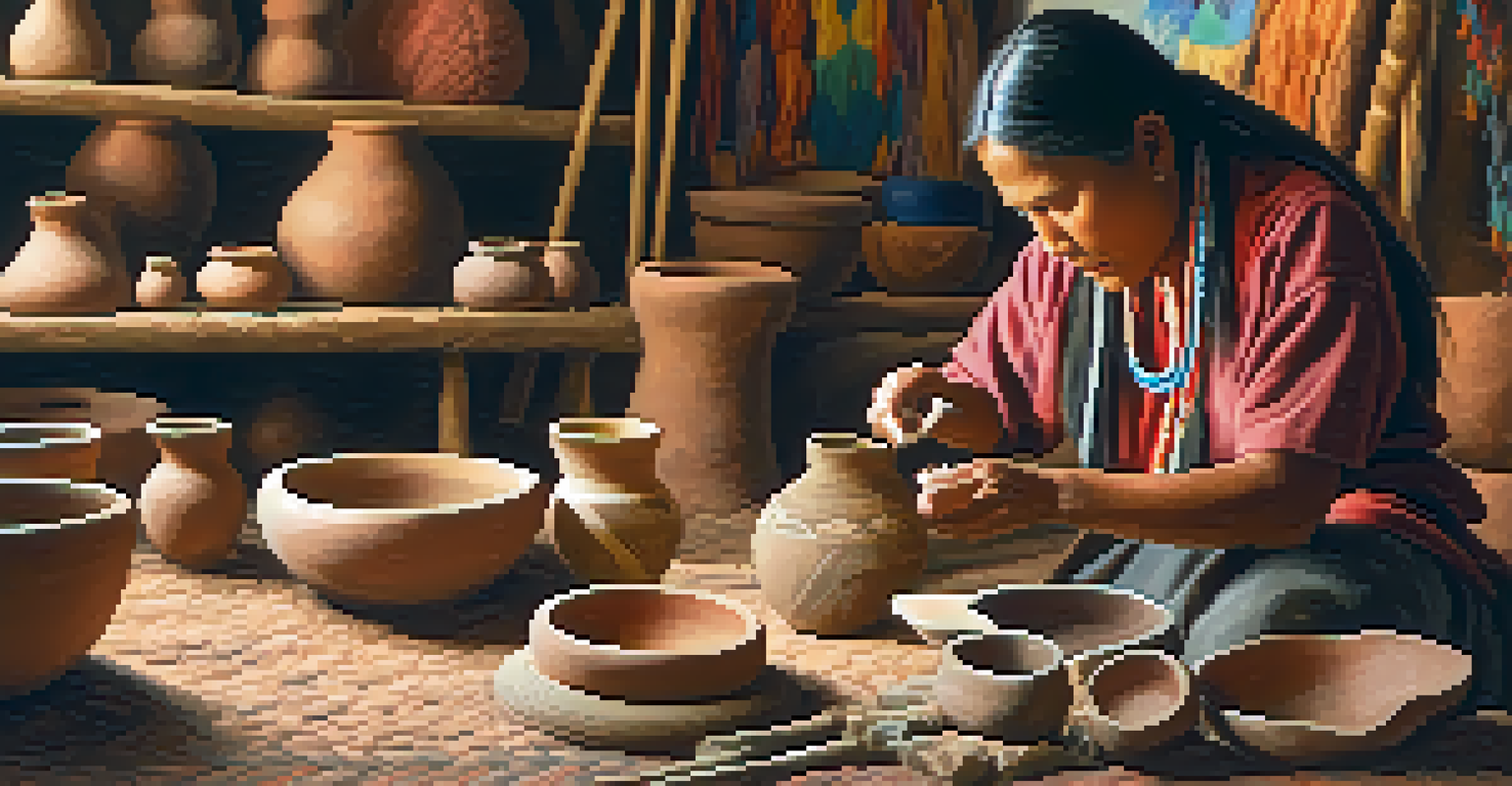 A Native American artisan making pottery in a workshop, surrounded by traditional art pieces.