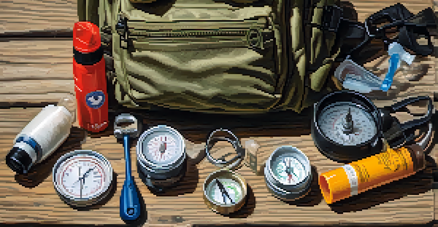 A close-up of essential hiking gear including a first-aid kit, hydration pack, multi-tool, and compass, arranged on a wooden surface with natural light.