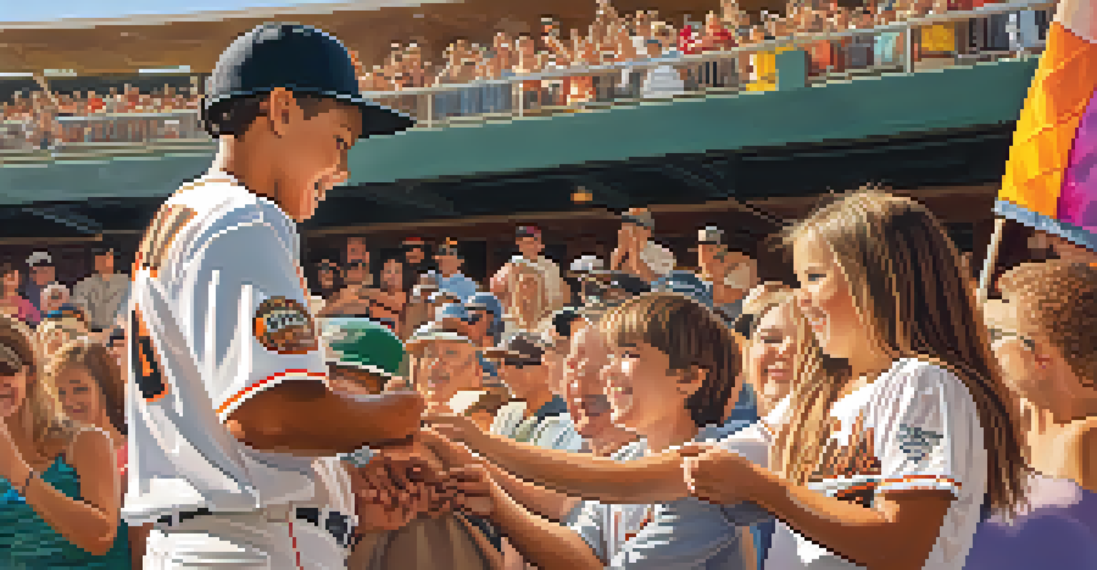 A young fan getting an autograph from a player at Scottsdale Stadium, with cheering fans and colorful banners in the background.