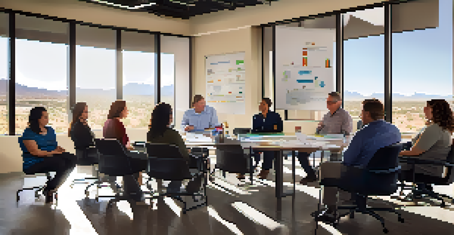 A collaborative meeting in a Scottsdale office discussing community health initiatives with charts and graphs on display.