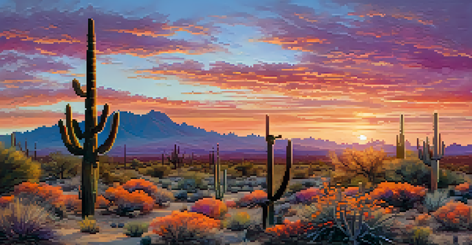 A stunning sunset over the Scottsdale desert with a saguaro cactus in the foreground and colorful flowers and mountains in the back.