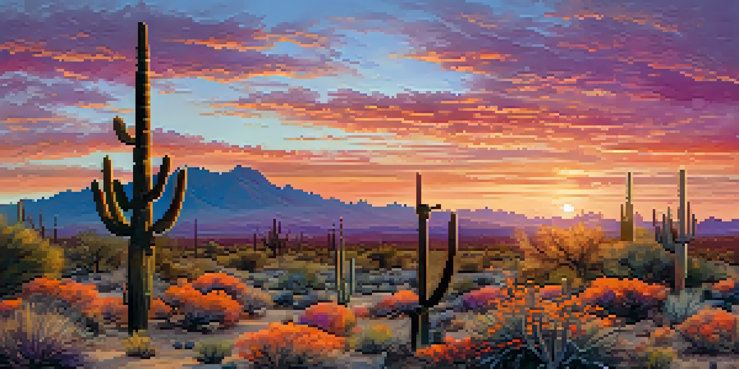 A stunning sunset over the Scottsdale desert with a saguaro cactus in the foreground and colorful flowers and mountains in the back.
