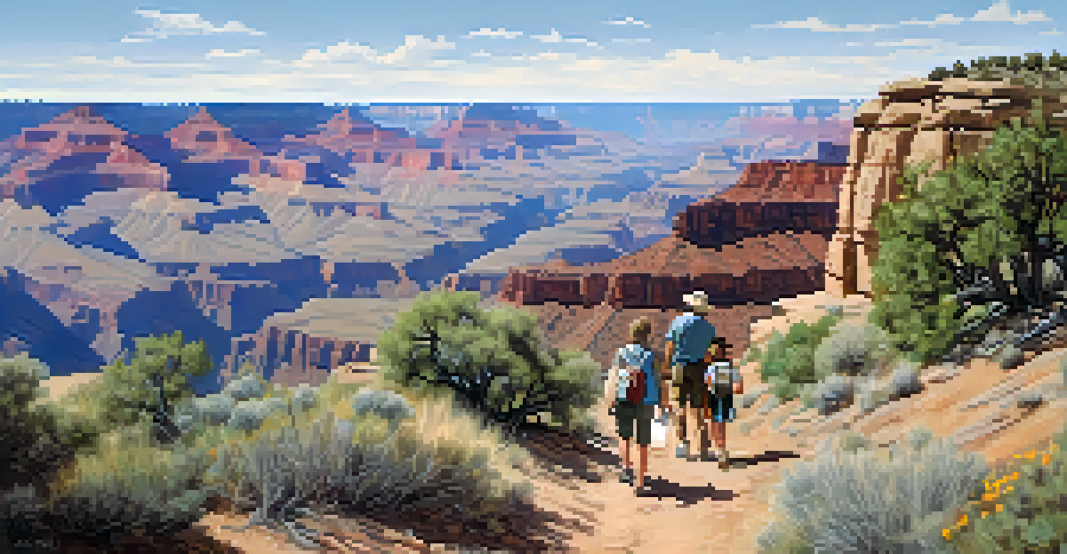 A scenic view along the Rim Trail of the Grand Canyon, with wildflowers and visitors enjoying the landscape on a clear day.