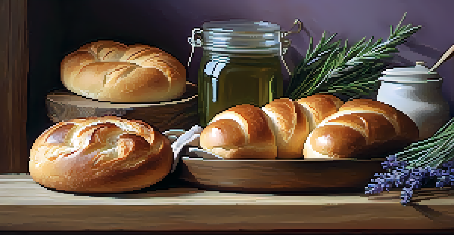 A rustic wooden table showcasing a variety of flavored breads with herbs and a jar of jam.