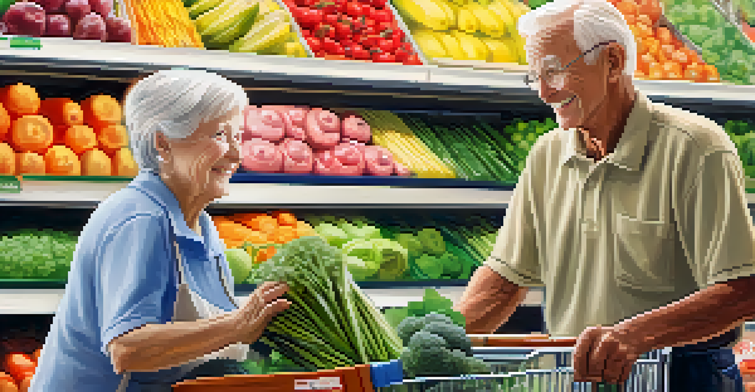 A volunteer helping an elderly person with grocery shopping in a bright grocery store, showcasing fresh produce and a friendly atmosphere.
