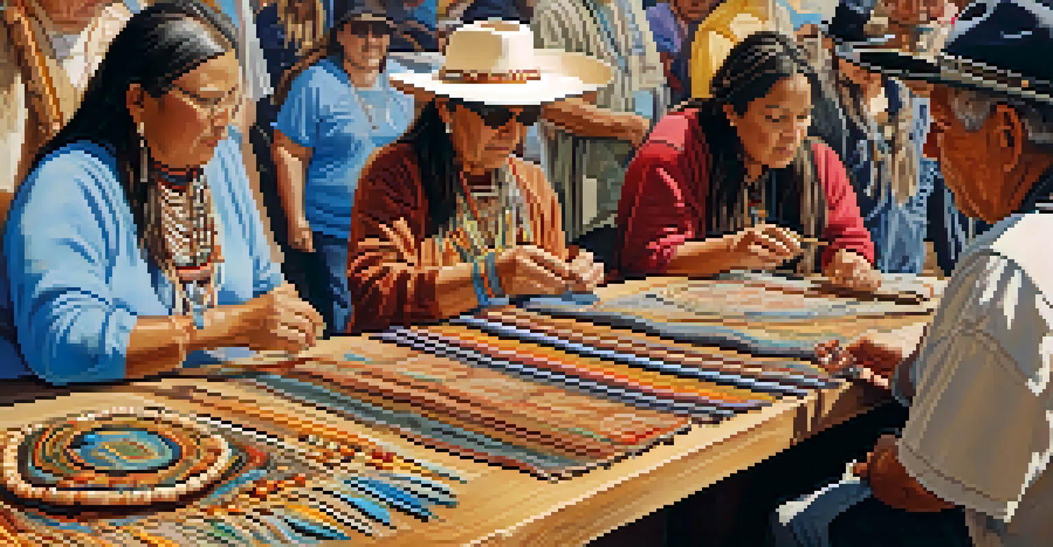 Artisans at a Native American art market demonstrating traditional crafts, surrounded by intricate jewelry and textiles in a warm, inviting setting.