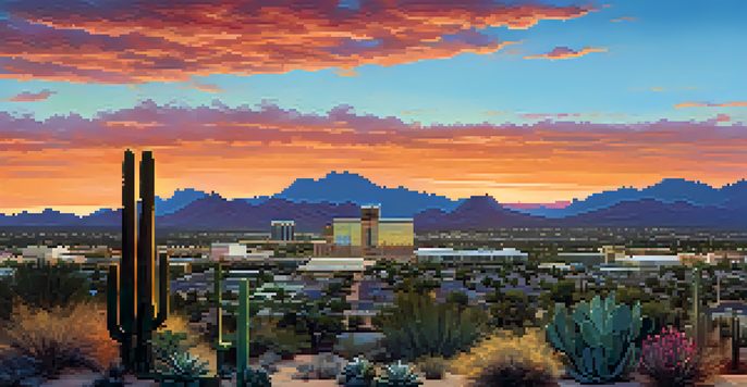 A panoramic view of Scottsdale showing modern buildings against a vibrant sunset and desert scenery, with cacti in the foreground.