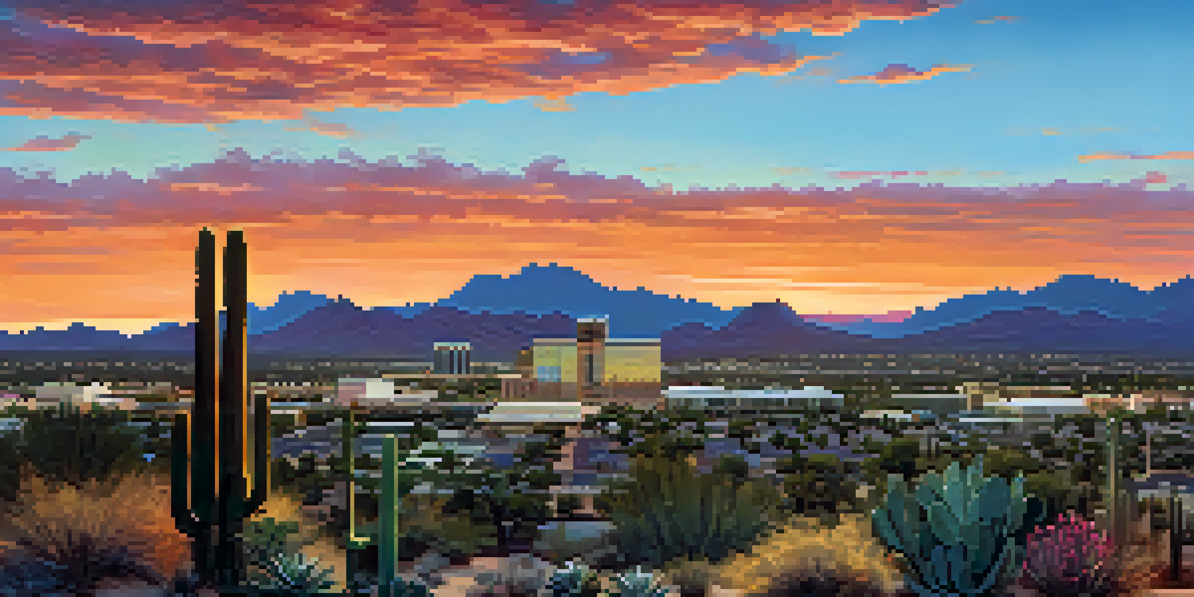A panoramic view of Scottsdale showing modern buildings against a vibrant sunset and desert scenery, with cacti in the foreground.