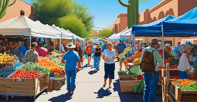 A lively outdoor market in Scottsdale with colorful stalls selling fresh produce and handmade crafts, featuring diverse people engaging in the market activities.