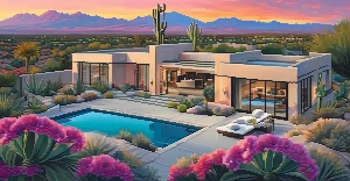 A scenic sunset view over Scottsdale, Arizona, with a luxurious single-family home in the foreground, surrounded by desert flora.