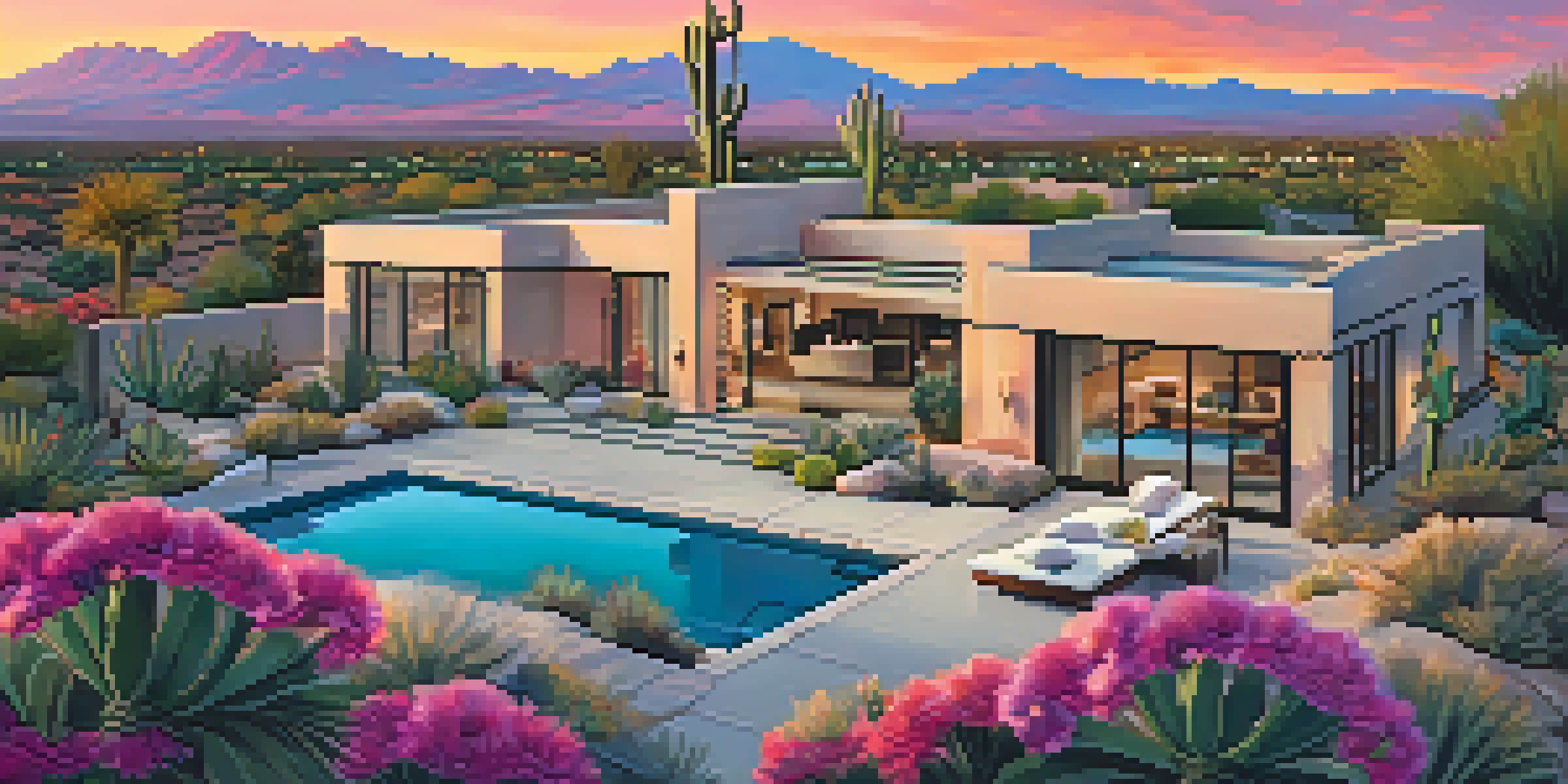 A scenic sunset view over Scottsdale, Arizona, with a luxurious single-family home in the foreground, surrounded by desert flora.