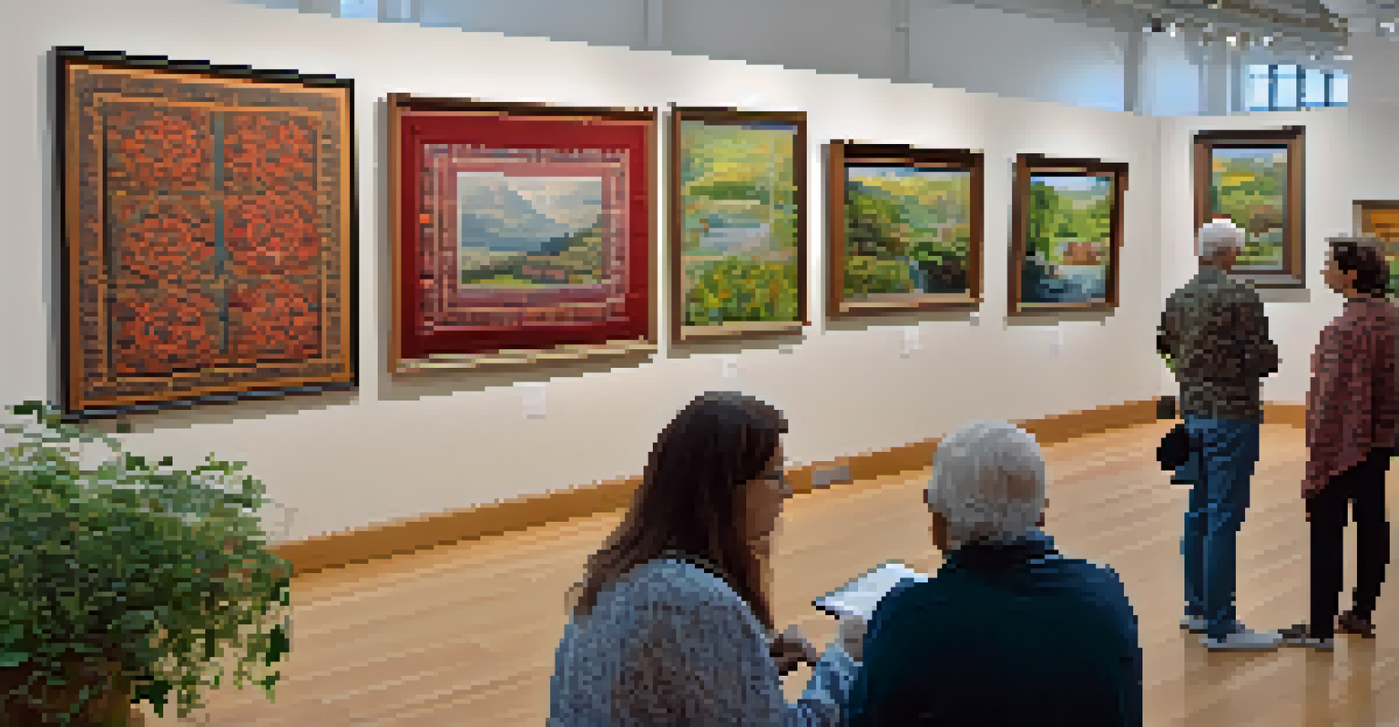A textile art exhibition with various artworks on display, attendees engaging in discussion, and a vibrant gallery atmosphere.