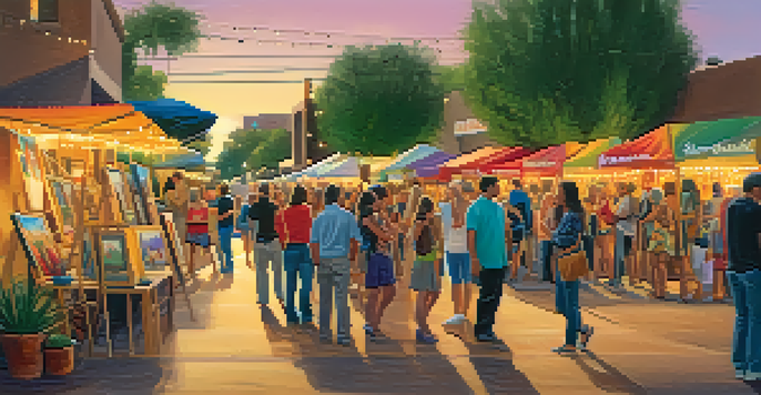 A vibrant street scene during the Scottsdale Monthly Art Walk with local artists showcasing their colorful artworks and visitors admiring them under twinkling lights.