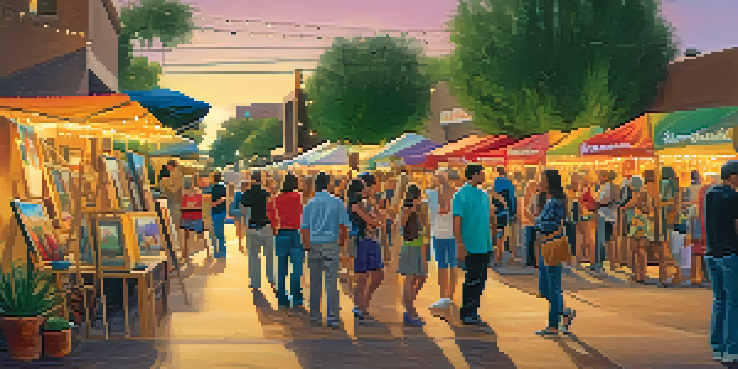 A vibrant street scene during the Scottsdale Monthly Art Walk with local artists showcasing their colorful artworks and visitors admiring them under twinkling lights.